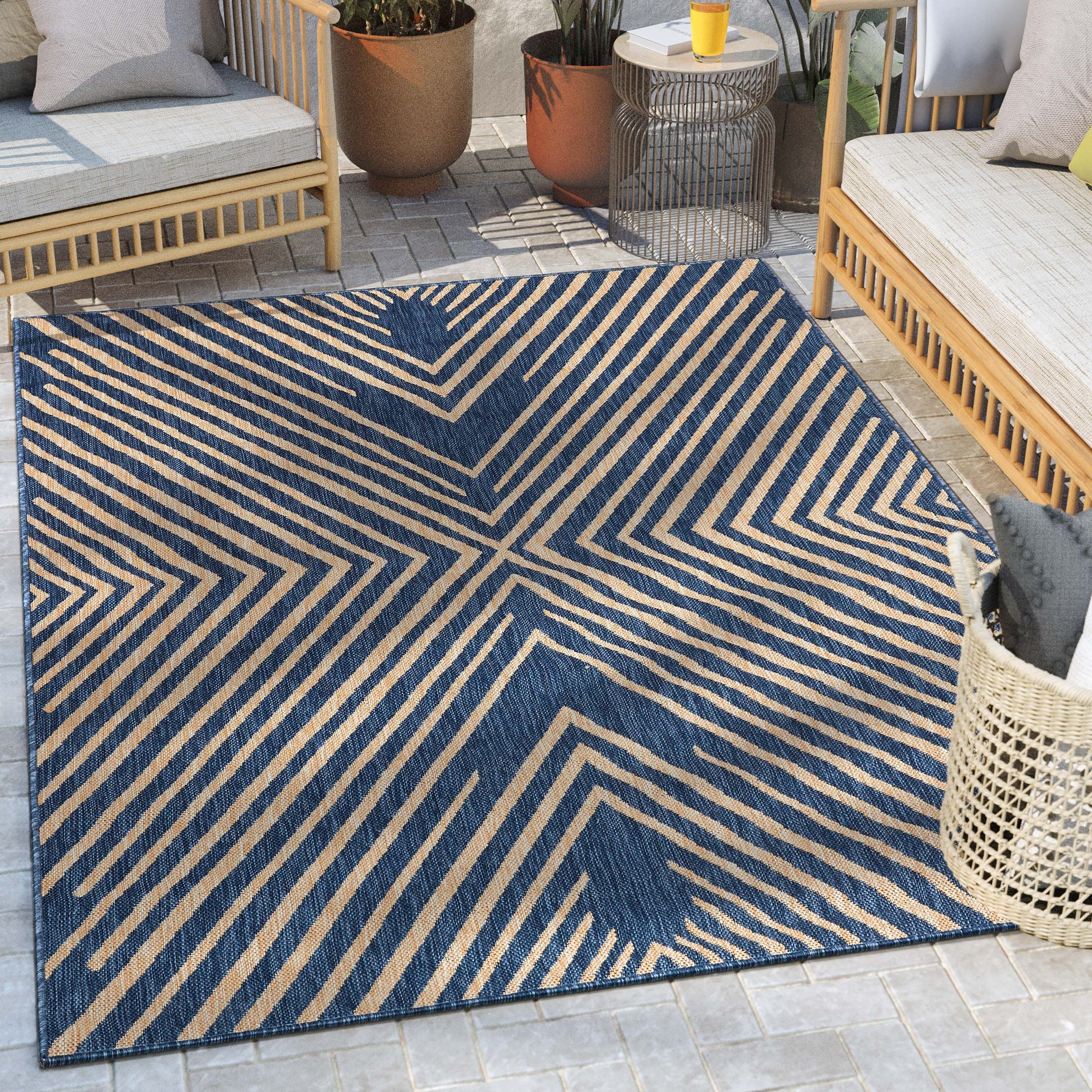 Reversible Blue Stripe Synthetic 8' x 10' Easy-Care Area Rug