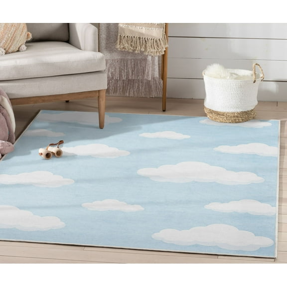 Well Woven Kids Rugs Cloud 9 Modern Light Blue Printed Distressed Machine Washable 3'3" x 5' Area Rug
