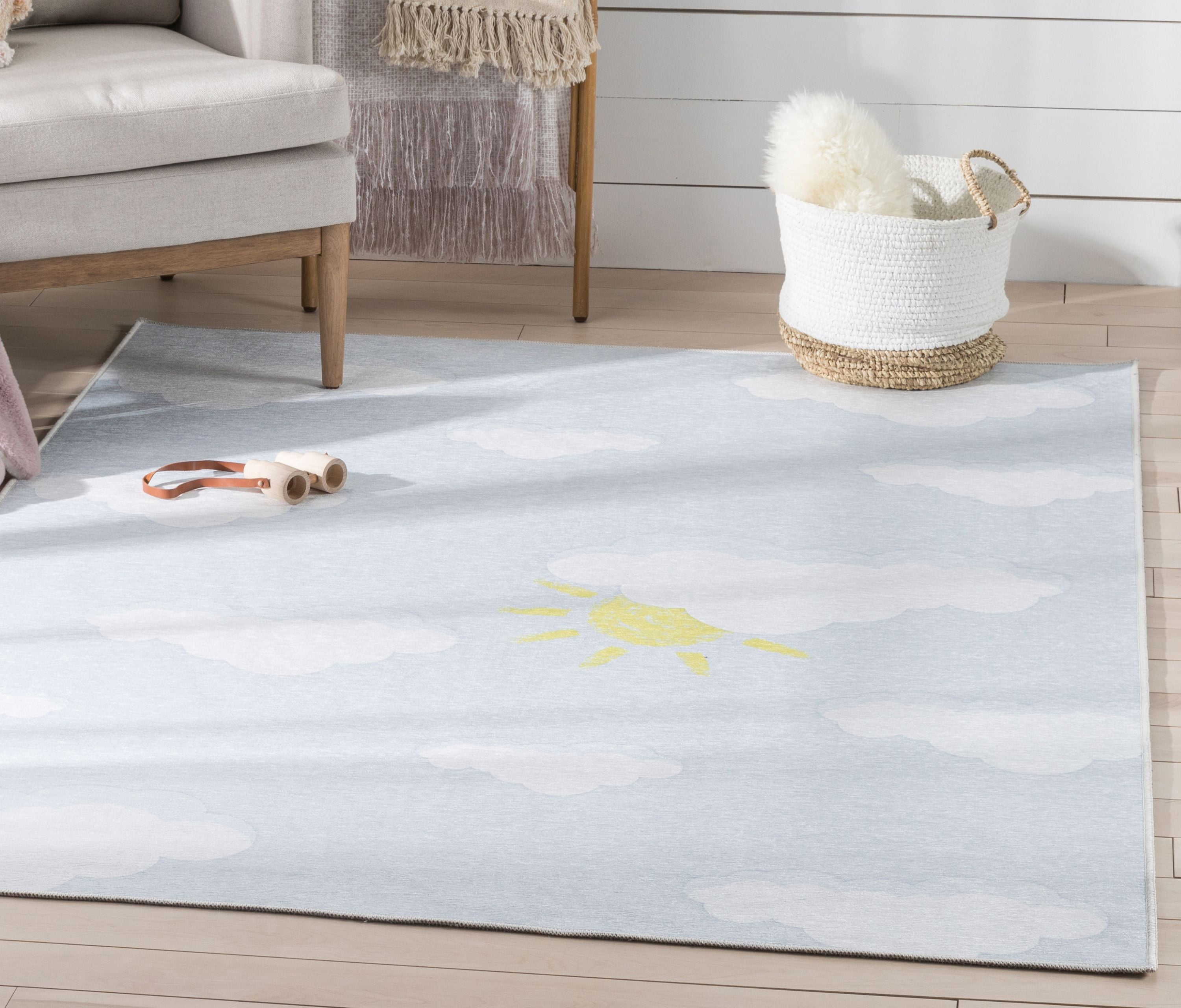 Well Woven Kids Rugs Cloud 9 Sun Modern Grey Light Blue Printed Distressed Machine Washable 5' x 7' Area Rug
