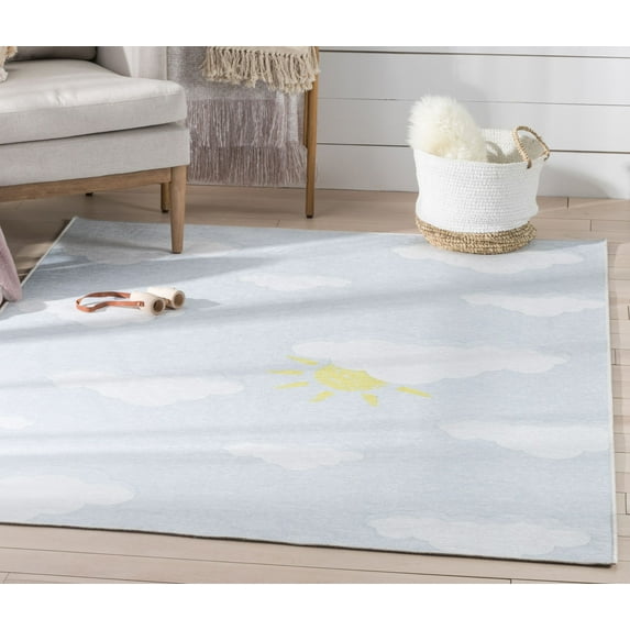 Well Woven Kids Rugs Cloud 9 Sun Modern Grey Light Blue Printed Distressed Machine Washable 5' x 7' Area Rug