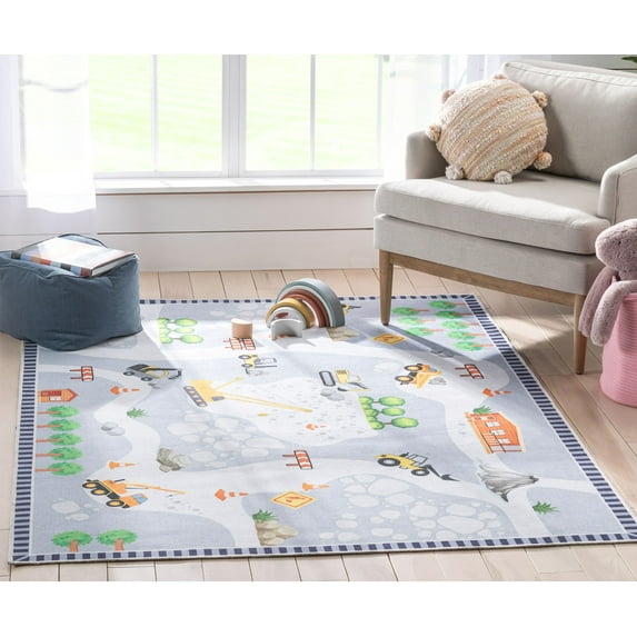 Well Woven Kids Rugs Construction Modern Grey Multi Printed Distressed Machine Washable 3'3" x 5' Area Rug