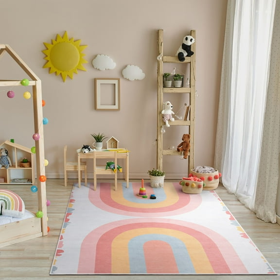 Well Woven Kids Rugs Crescent Rainbow Modern Multi Color Printed Distressed Machine Washable 3'3" x 5' Area Rug