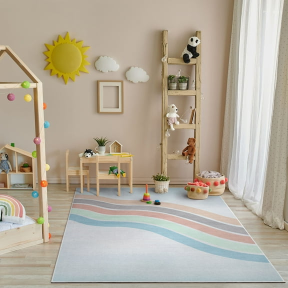 Well Woven Kids Rugs Curved Rainbow Modern Multi Color Printed Distressed Machine Washable 3'3" x 5' Area Rug