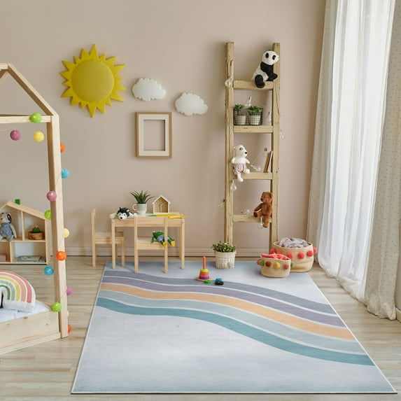 Well Woven Kids Rugs Curved Rainbow Modern Multi Color Printed Distressed Machine Washable 3'3" x 5' Area Rug