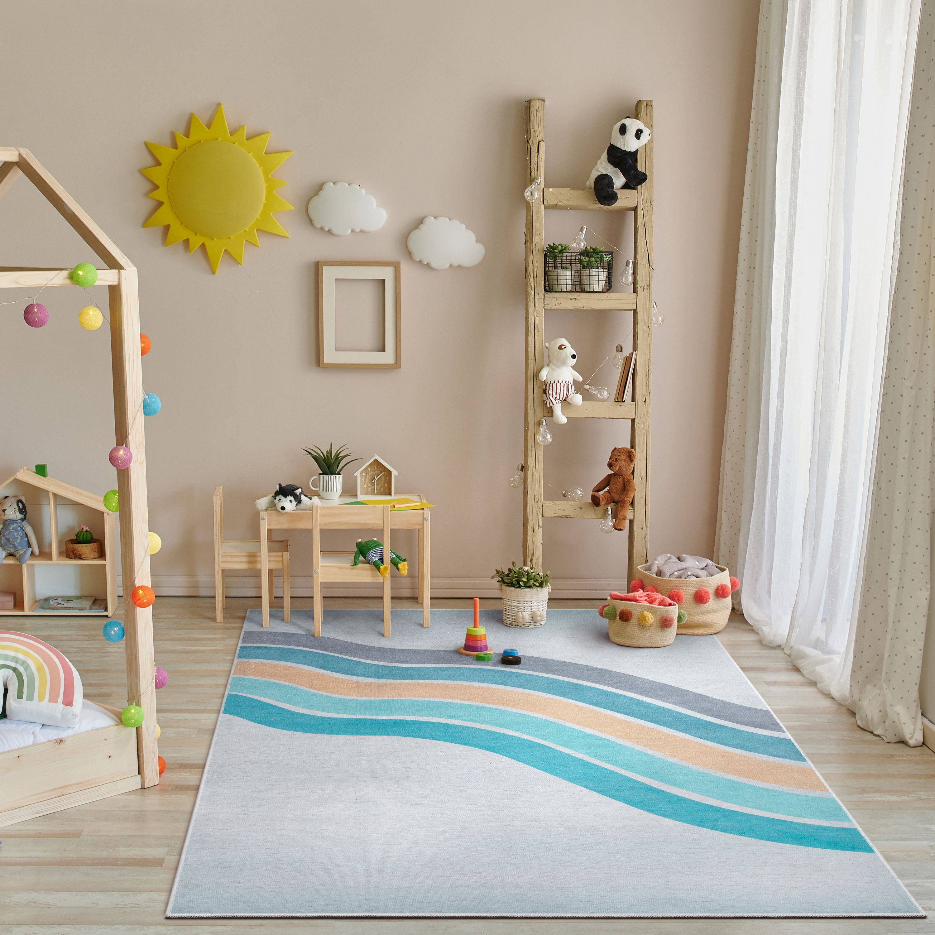 Well Woven Kids Rugs Curved Rainbow Modern Multi Color Printed Distressed Machine Washable 5' x 7' Area Rug
