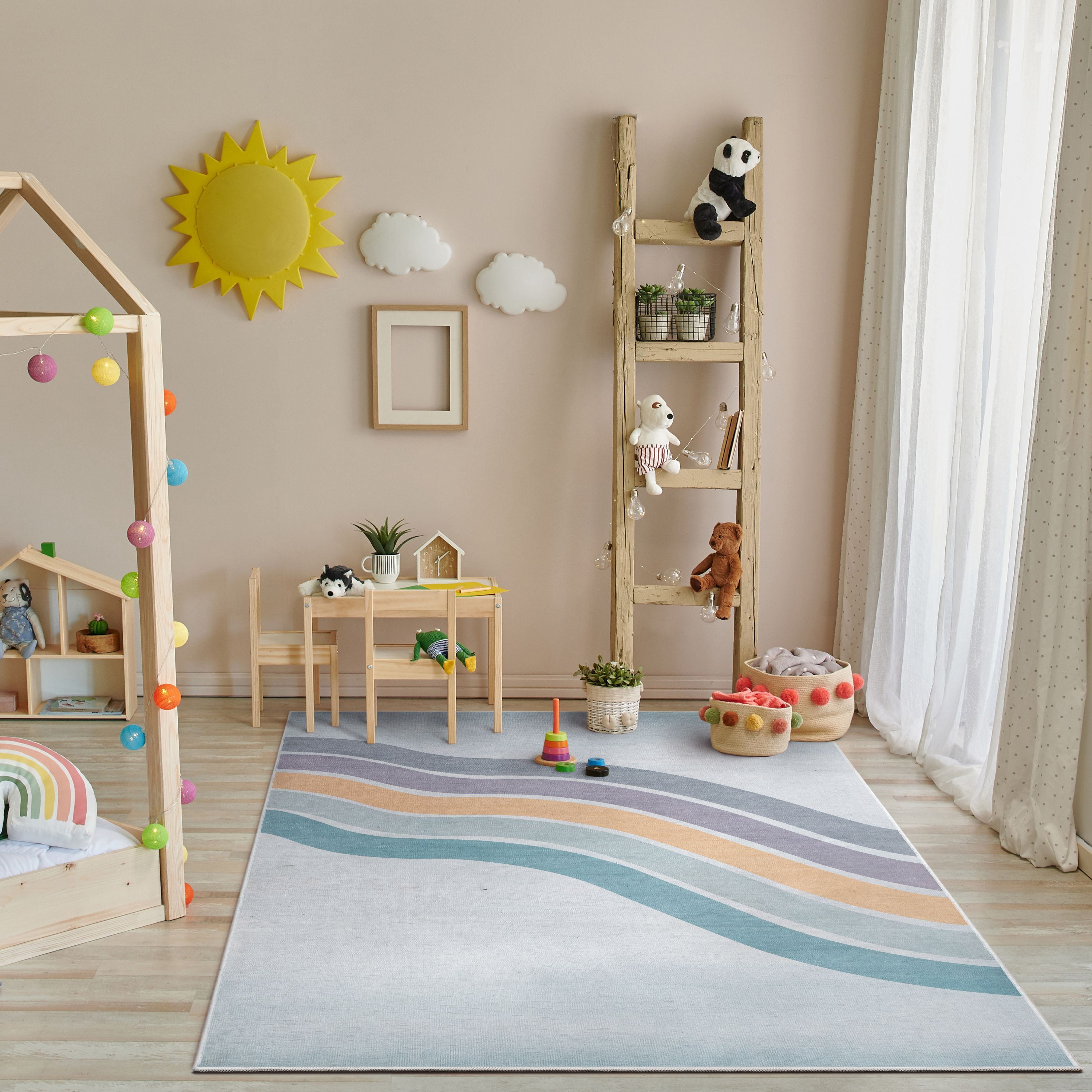 Well Woven Kids Rugs Curved Rainbow Modern Multi Color Printed Distressed Machine Washable 5' x 7' Area Rug