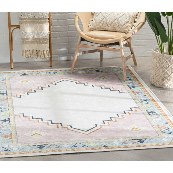 Well Woven Kids Rugs Ethnic Soft Medallion Modern Pink Beige Printed Distressed Machine Washable 3'3" x 5' Area Rug