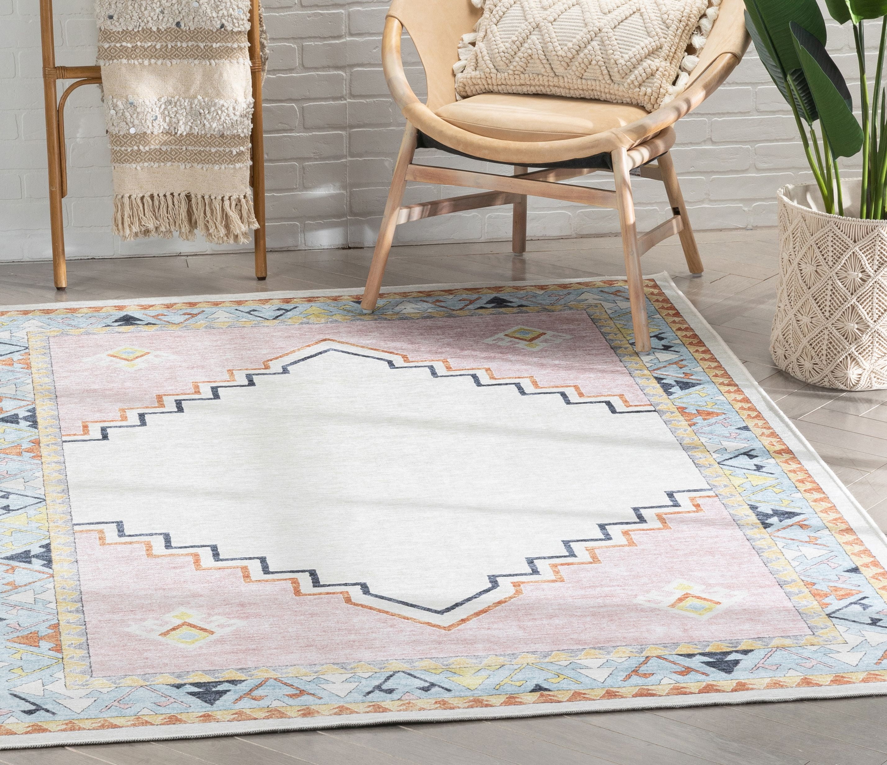 Well Woven Kids Rugs Ethnic Soft Medallion Modern Pink Beige Printed Distressed Machine Washable 5' x 7' Area Rug