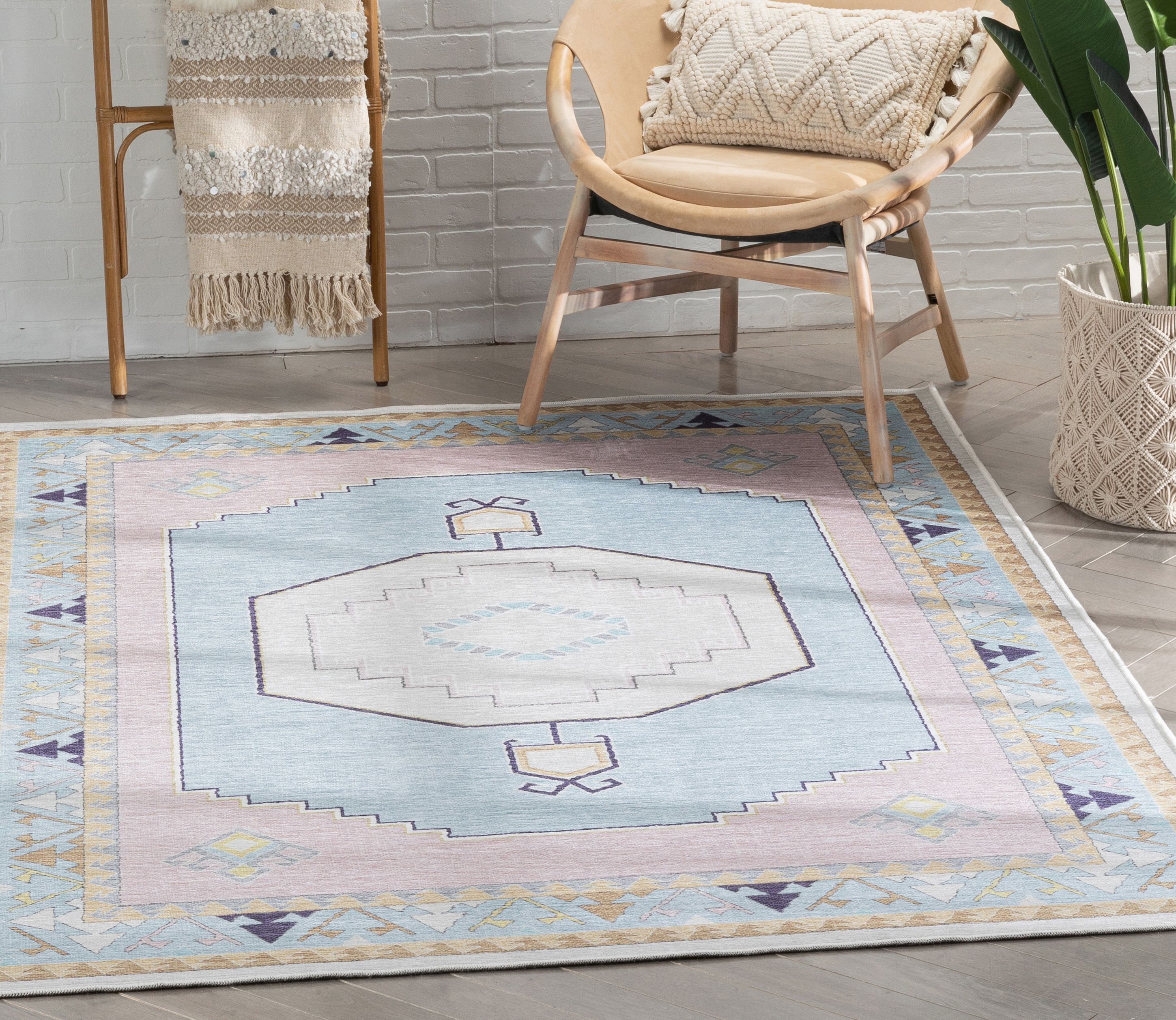 Well Woven Kids Rugs Ethnic Soft Medallion Modern Pink Light Blue Printed Distressed Machine Washable 3'3" x 5' Area Rug