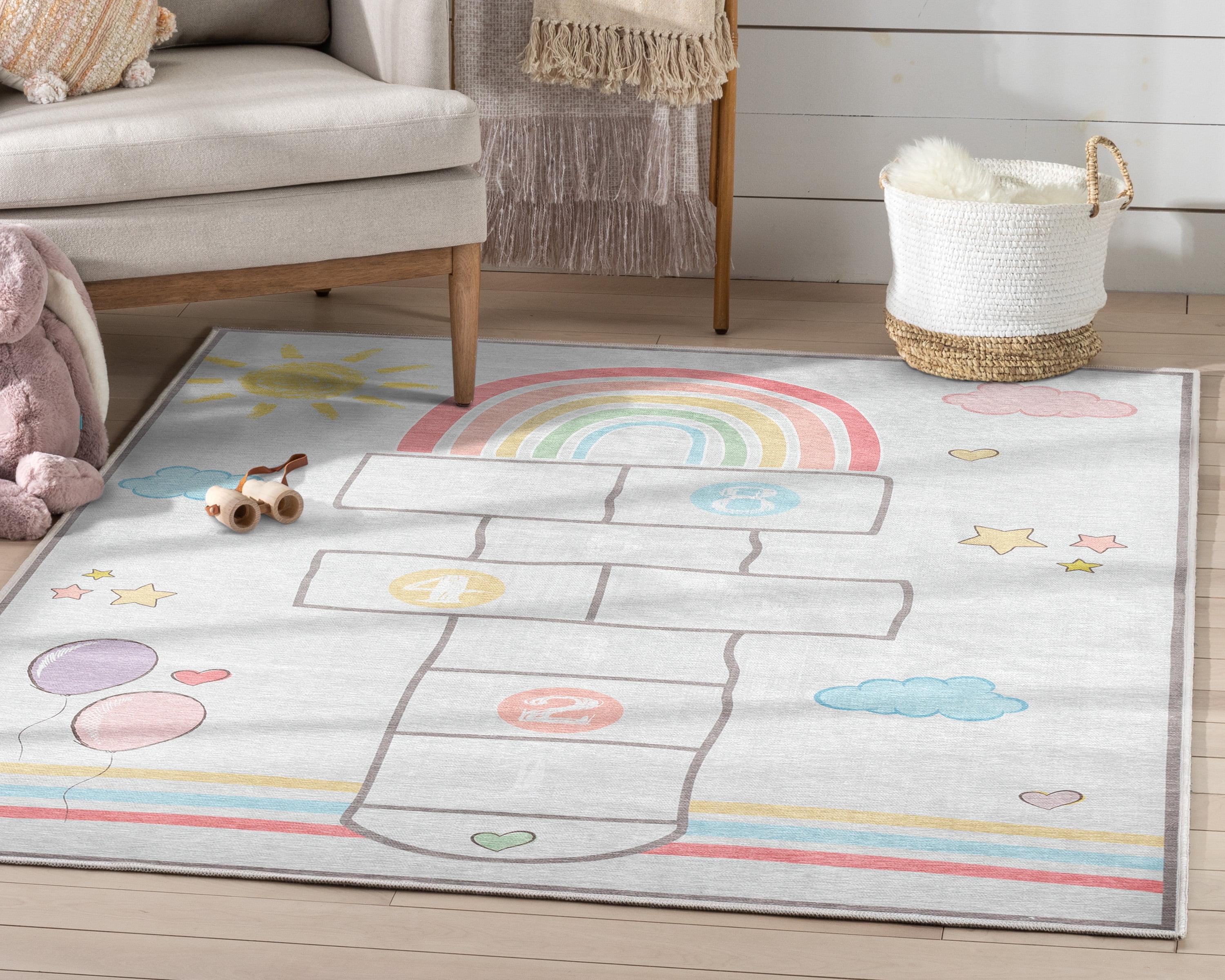 Well Woven Kids Rugs Hopscotch Modern Multi Beige Printed Distressed Machine Washable 3'3" x 5' Area Rug