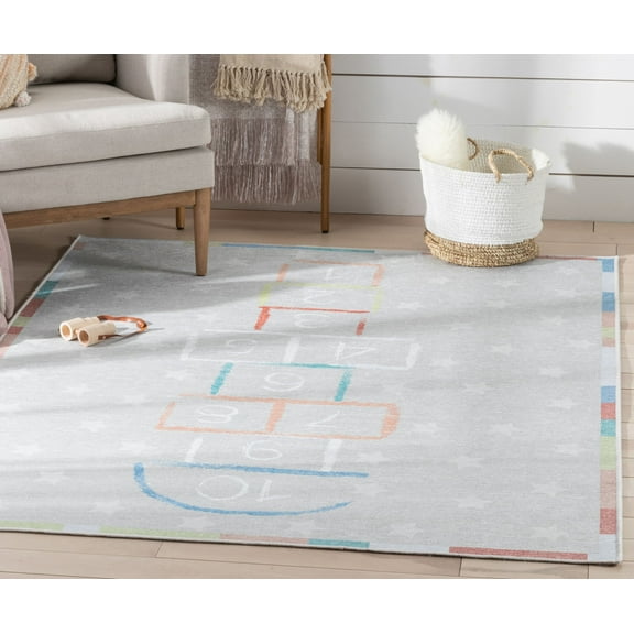Well Woven Kids Rugs Hopscotch Modern Multi Printed Distressed Machine Washable 3'3" x 5' Area Rug
