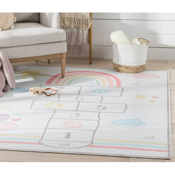 Well Woven Kids Rugs Hopscotch Rainbow Modern Multi Beige Printed Distressed Machine Washable 5' x 7' Area Rug