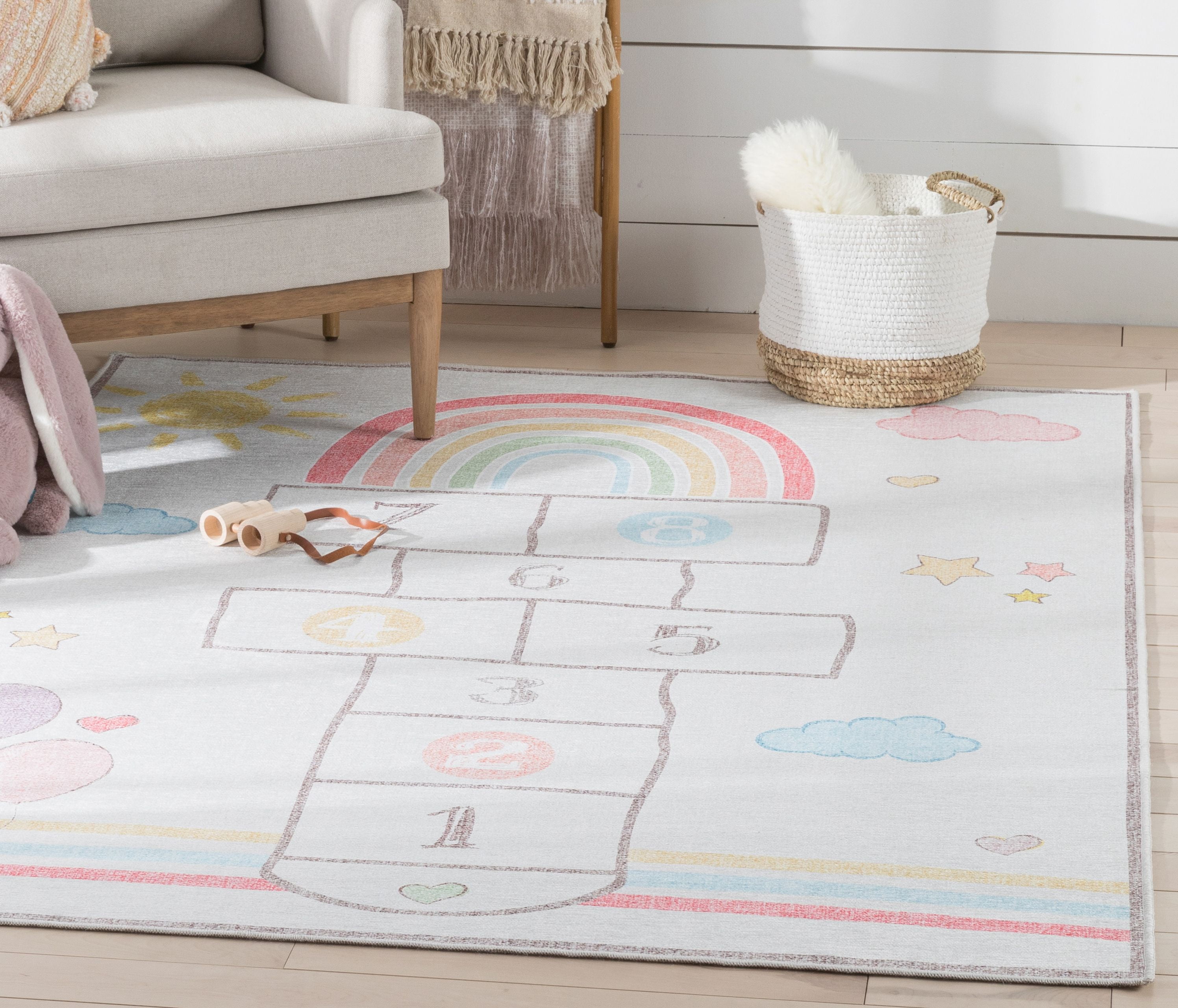 Well Woven Kids Rugs Hopscotch Rainbow Modern Multi Beige Printed