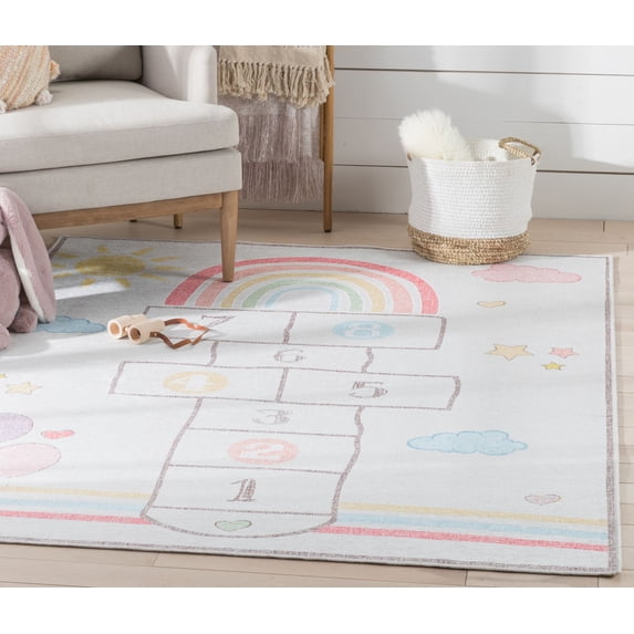 Well Woven Kids Rugs Hopscotch Rainbow Modern Multi Beige Printed Distressed Machine Washable 6' x 9' Area Rug