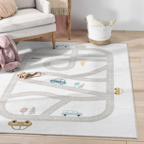 Well Woven Kids Rugs Playful Roads Modern Cartoon Grey Printed Distressed Machine Washable 3'3" x 5' Area Rug
