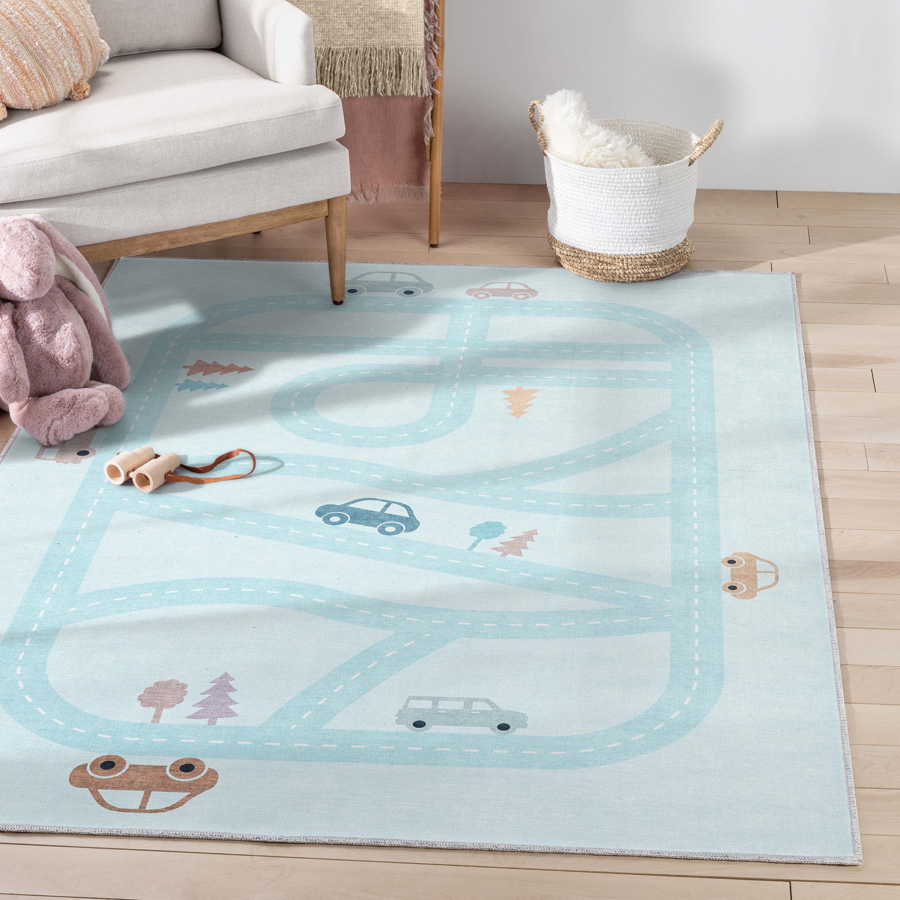 Well Woven Kids Rugs Playful Roads Modern Light Blue 3'3" x 5' Printed Machine Washable Area Rug