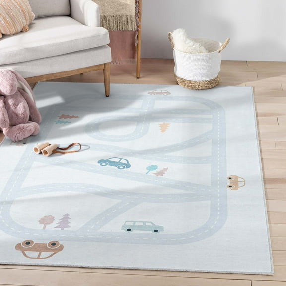 Well Woven Kids Rugs Playful Roads Modern Light Grey 3'3" x 5' Printed Machine Washable Area Rug