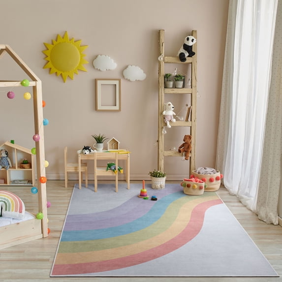 Well Woven Kids Rugs Rainbow Kids Geometric Pattern Multi Color Flat Pile Easy to Clean 7'7" x 9'10" Area Rug for Living Room Dining Room Bedroom and Kitchen
