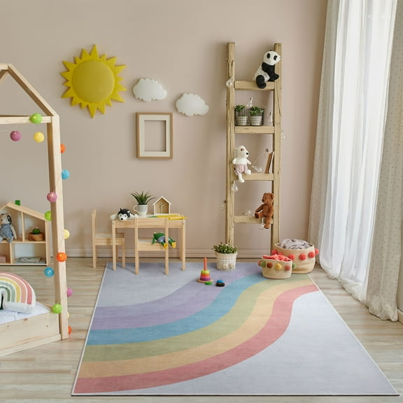 Well Woven Kids Rugs Rainbow Modern Multi Color Printed Distressed Machine Washable 3'3" x 5' Area Rug