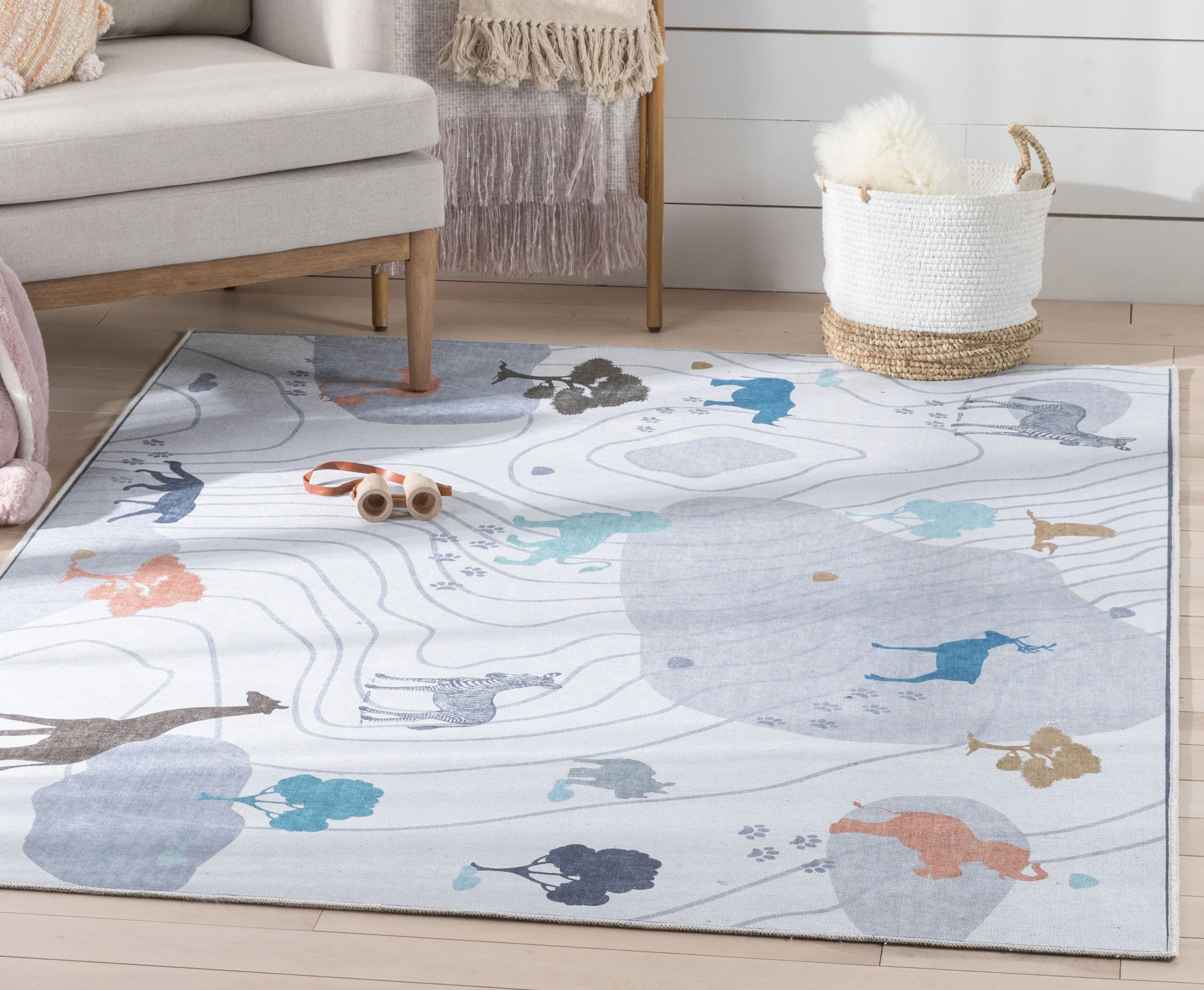 Gray Safari Animal Print Polyester Kids Area Rug 5' x 7'