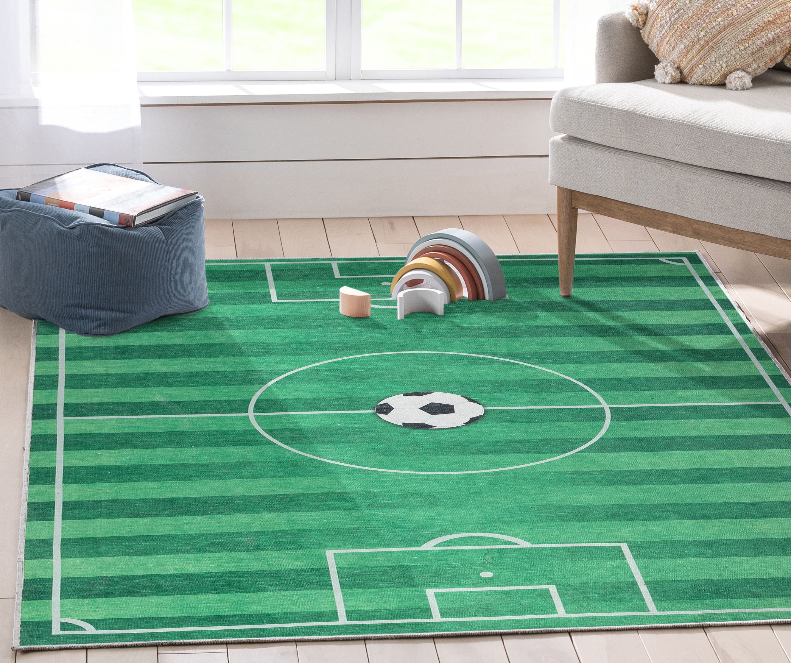 Well Woven Kids Rugs Soccer Field Modern Green Printed Distressed Machine Washable 6' x 9' Area Rug