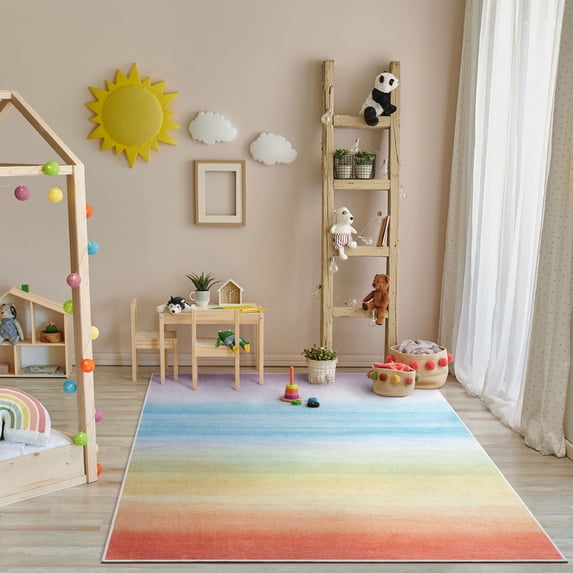 Well Woven Kids Rugs Sunrise Modern Multi Color Printed Distressed Machine Washable 6' x 9' Area Rug