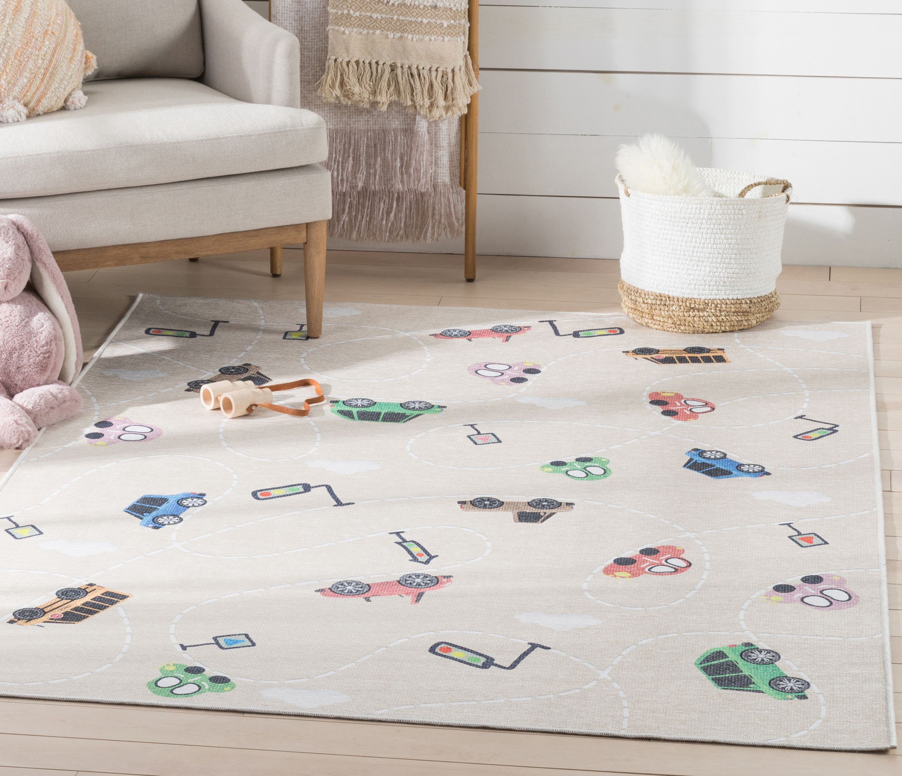 Well Woven Kids Rugs Traffic Modern Beige Printed Distressed Machine Washable 3'3" x 5' Area Rug