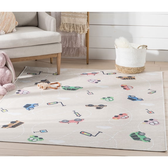 Well Woven Kids Rugs Traffic Modern Beige Printed Distressed Machine Washable 5' x 7' Area Rug