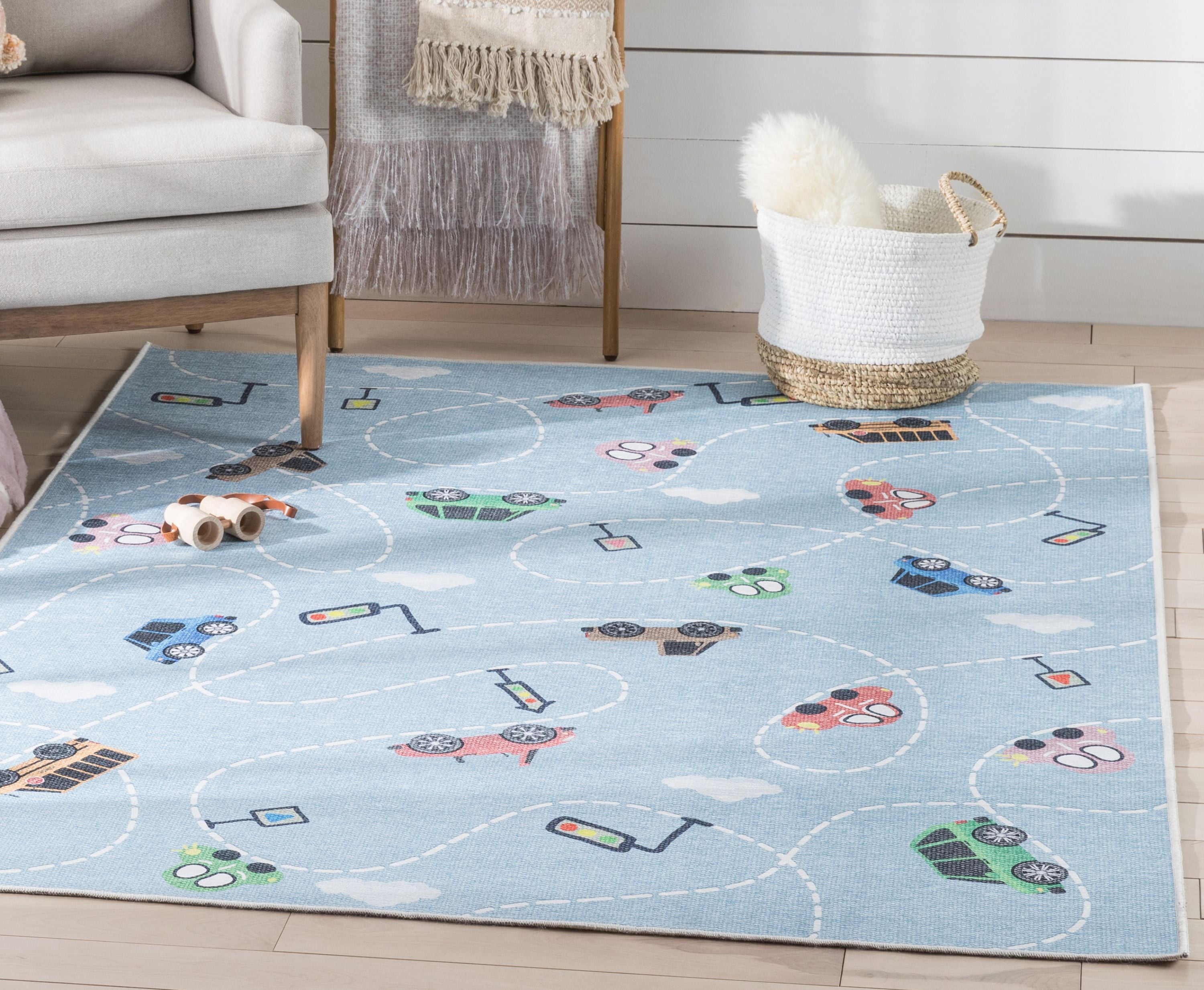 Well Woven Kids Rugs Traffic Modern Blue Printed Distressed Machine Washable 3'3" x 5' Area Rug