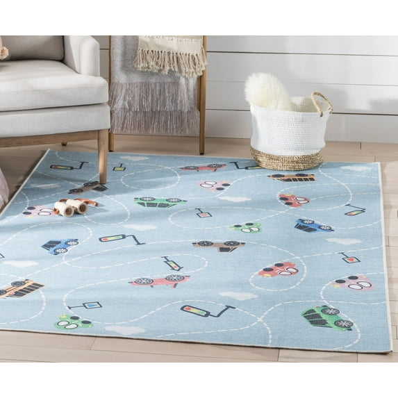Well Woven Kids Rugs Traffic Modern Blue Printed Distressed Machine Washable 6' x 9' Area Rug