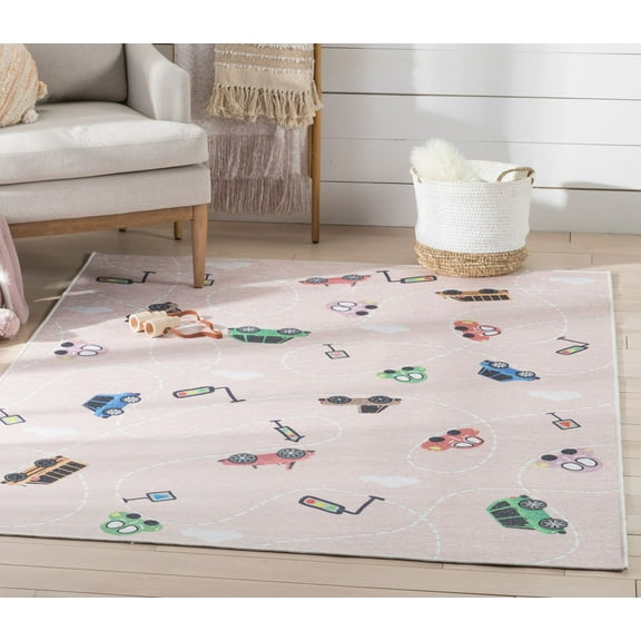 Well Woven Kids Rugs Traffic Modern Blush Printed Distressed Machine Washable 3'3" x 5' Area Rug