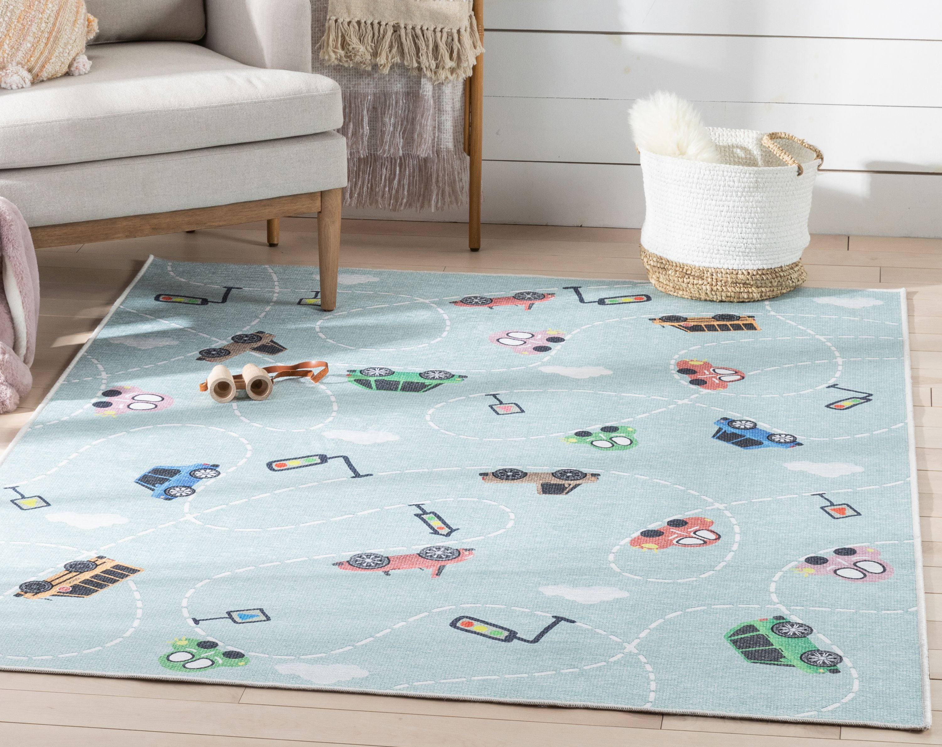 Well Woven Kids Rugs Traffic Modern Green Printed Distressed Machine Washable 5' x 7' Area Rug
