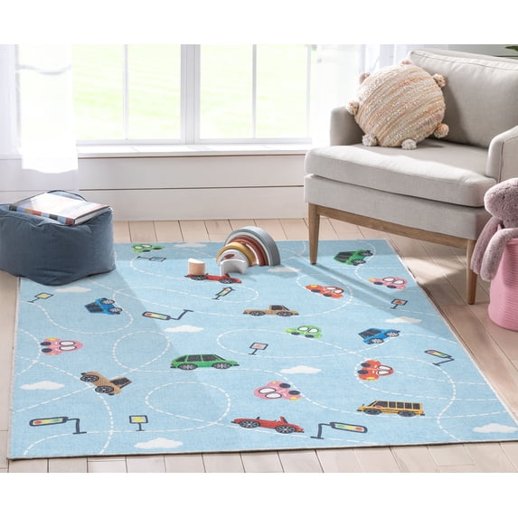 Well Woven Kids Rugs Traffic Modern Light Blue Printed Distressed Machine Washable 3'3" x 5' Area Rug