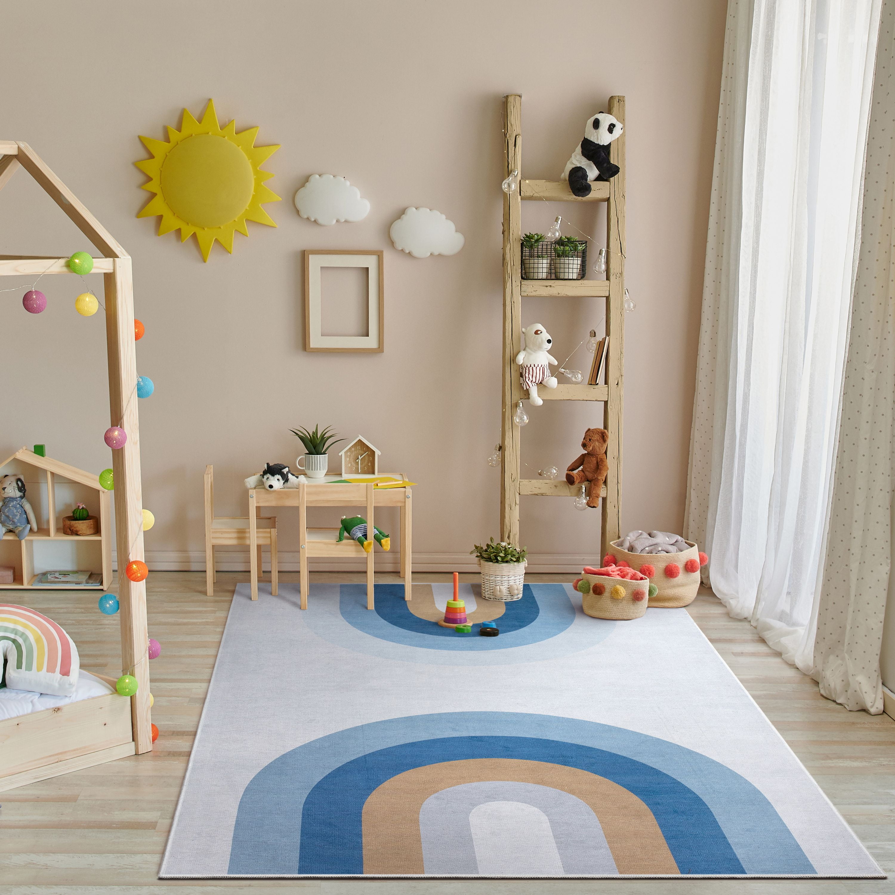 Blue Chenille Synthetic Flat Woven Kids Rug 5' x 7'