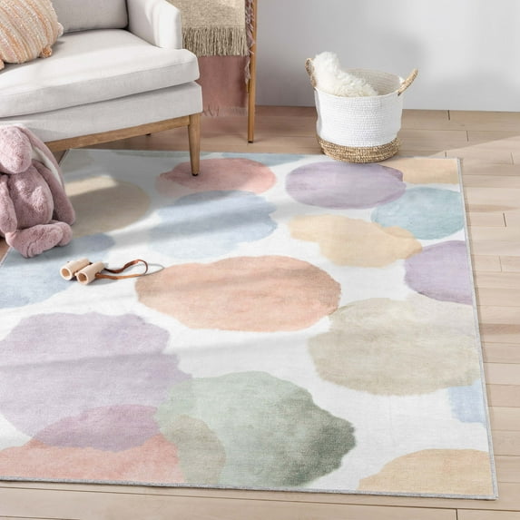 Well Woven Kids Rugs Watercolor Dot Modern Polka Dots Multi Color Printed Distressed Machine Washable 3'3" x 5' Area Rug