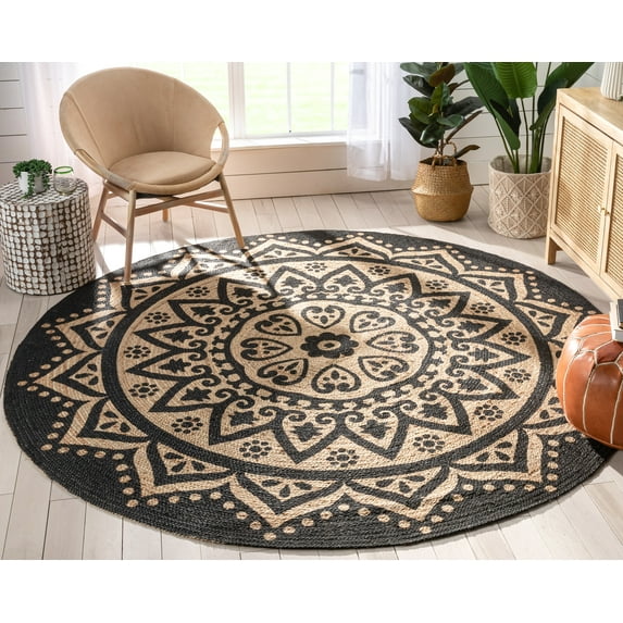 Well Woven | Kiera Natural Jute | Hand-Braided Floral Medallion | Black & Natural Color Area Rug | 8' Round