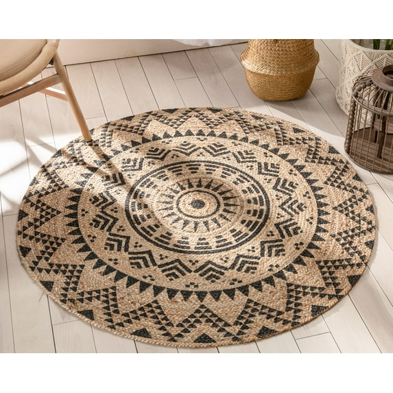 Well Woven | Kiera Natural Jute | Hand-Braided Tribal Medallion | Black & Natural Color Area Rug | 4' Round