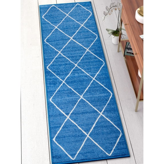 Well Woven Kings Court Clover Modern Geometric Lattice Trellis Blue Machine Washable Non-Slip Indoor/Outdoor 2'7" x 12' Runner Area Rug