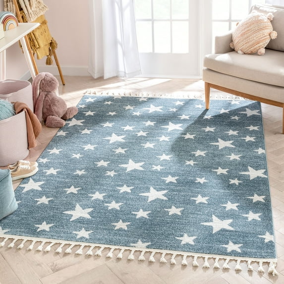 Well Woven Kosme Blue Geometric Star Pattern Stain-resistant Runner Rug (2'7" x 9'10")