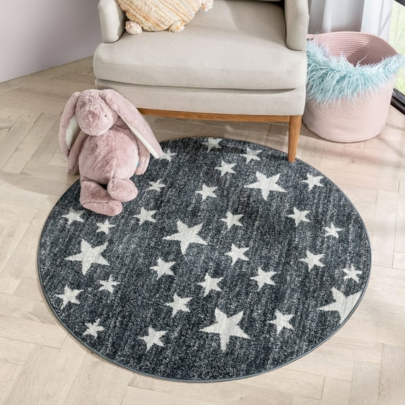 Well Woven Kosme Grey Geometric Star Pattern Stain-resistant Area Rug 4' Round (4' x 4')