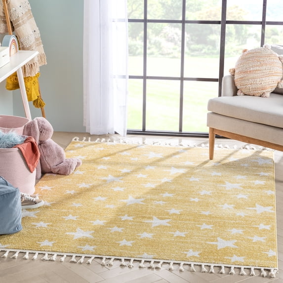 Well Woven Kosme Yellow Geometric Star Pattern Stain-resistant Area Rug 3x5 (3'11" x 5'3")