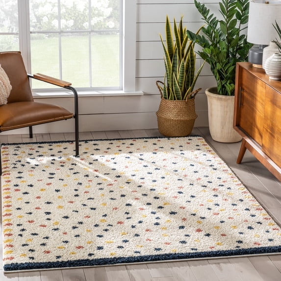 Well Woven Kriken Ivory Multi Dots Geometric Retro Shag Area Rug 5x7 (5'3" x 7'3")