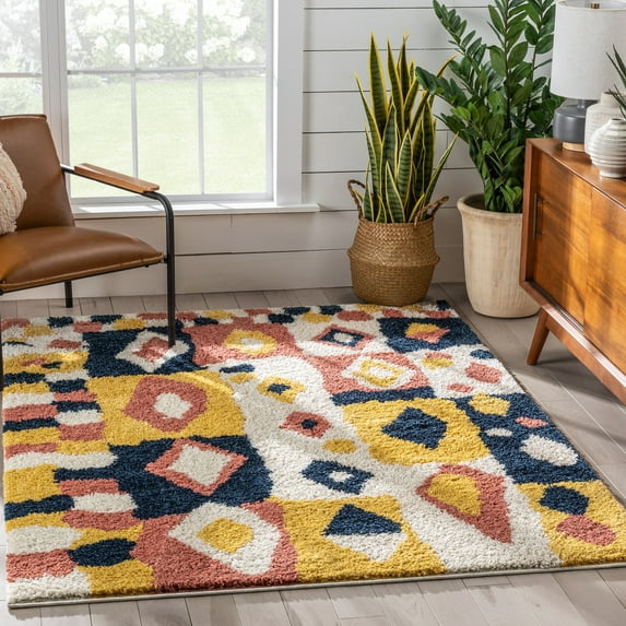 Well Woven Krix Multi Diamond Patchwork Retro Shag Area Rug 5x7 (5'3" x 7'3")