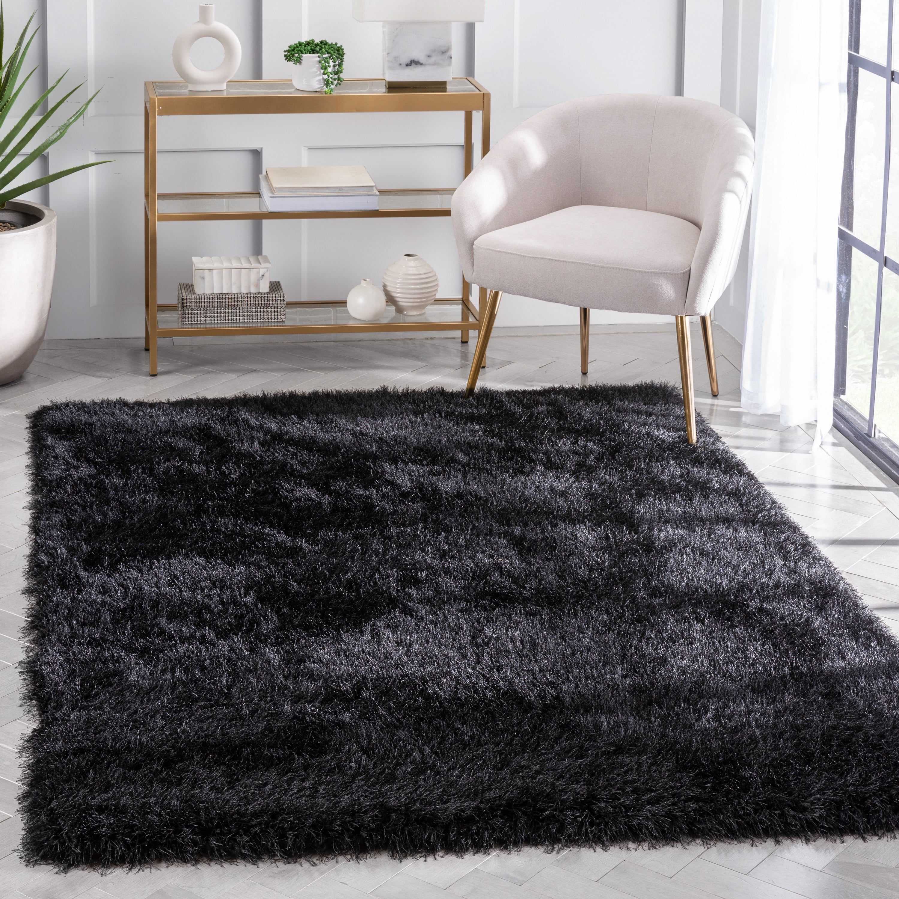 Well Woven Kuki Chie Modern Solid Shag Glam Dark Grey 2'3" x 7'3" Runner Rug