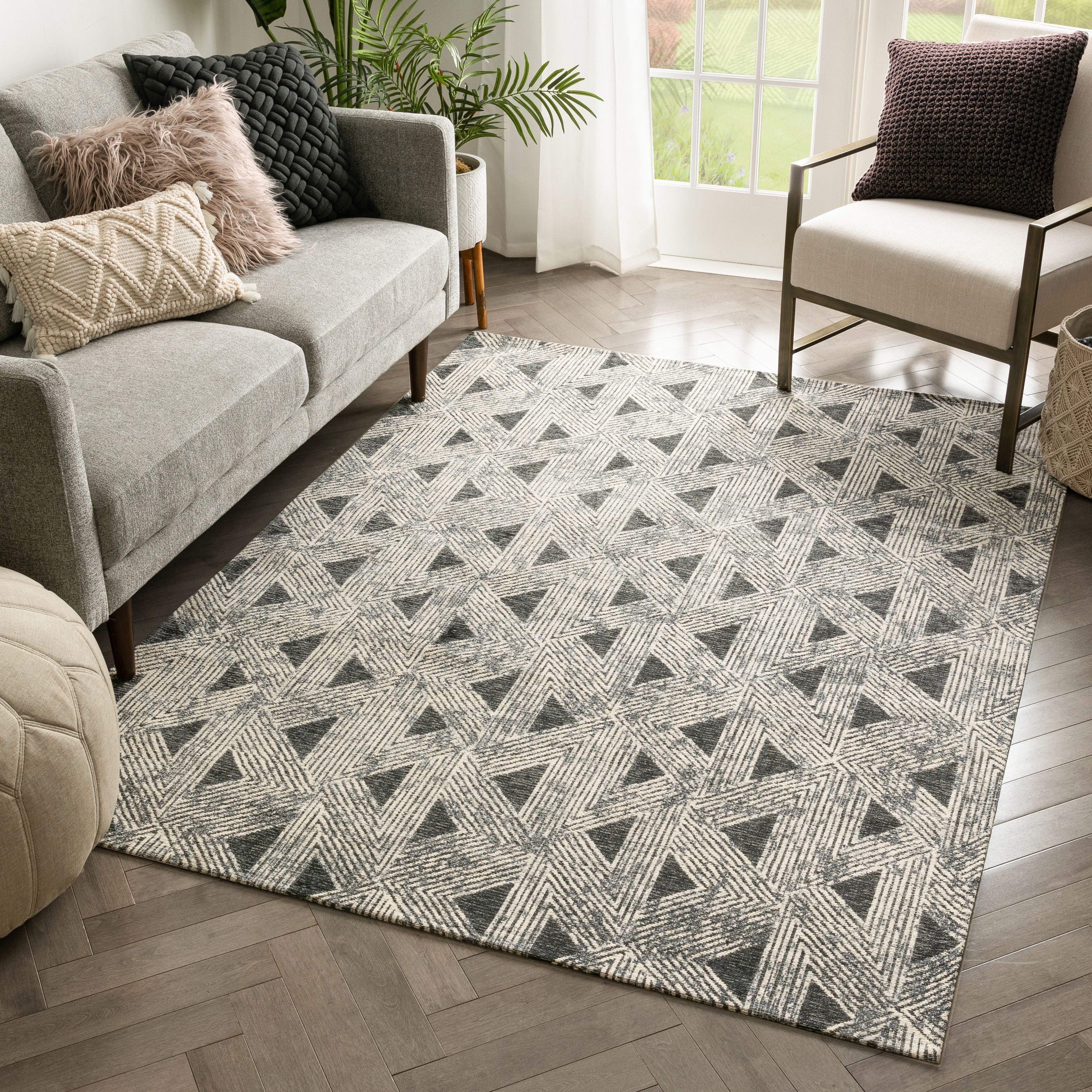Geometric Gray and White Flat Woven Chenille Rug