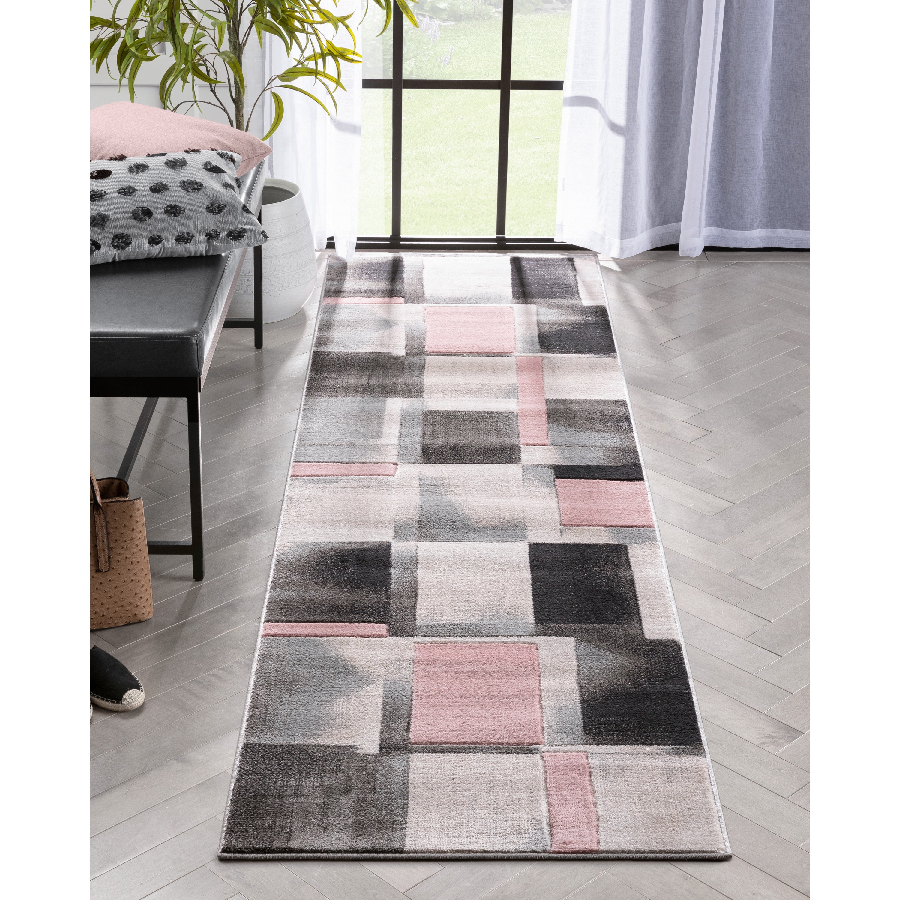 Well Woven Lane Blush Pink Modern Geometric Boxes Squares Runner Rug (2 ...