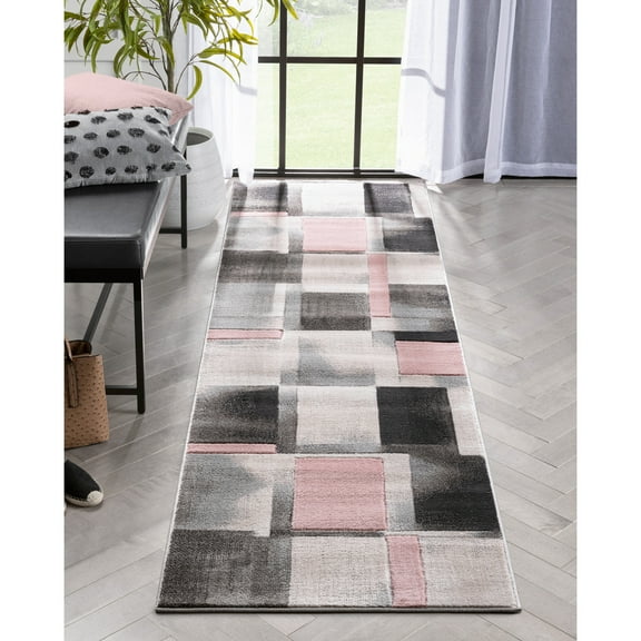 Well Woven Lane Blush Pink Modern Geometric Boxes Squares Runner Rug (2'7" x 9'10")
