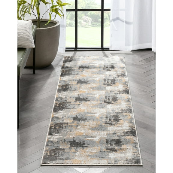 Well Woven Lellit Grey Golden Rust Abstract Geometric Squares Runner Rug 2'3" x 7'3"