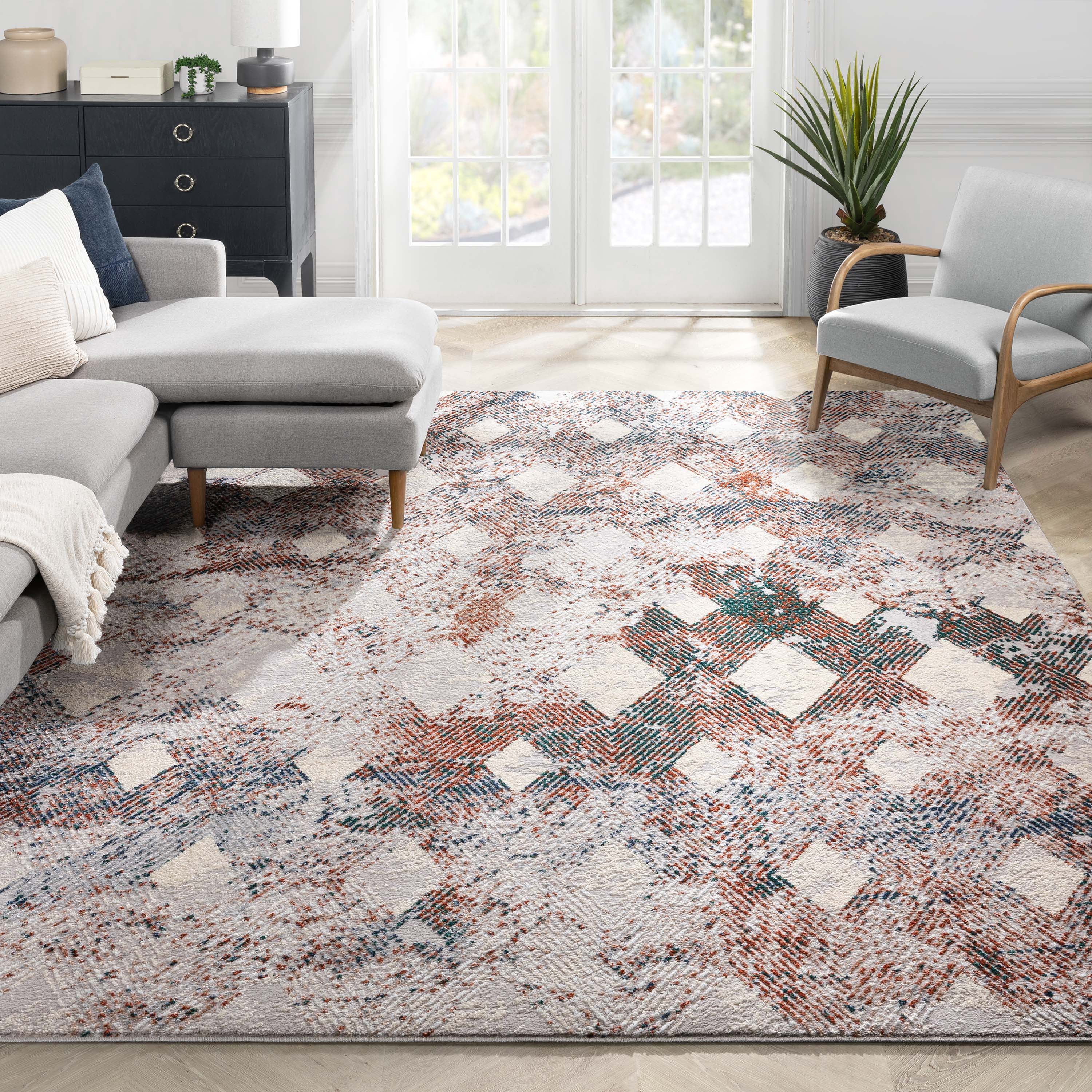 Well Woven Leona Area Rug, 9' x 7', Geometric pattern in contemporary colors, Super soft-textured yarn, Easy to clean