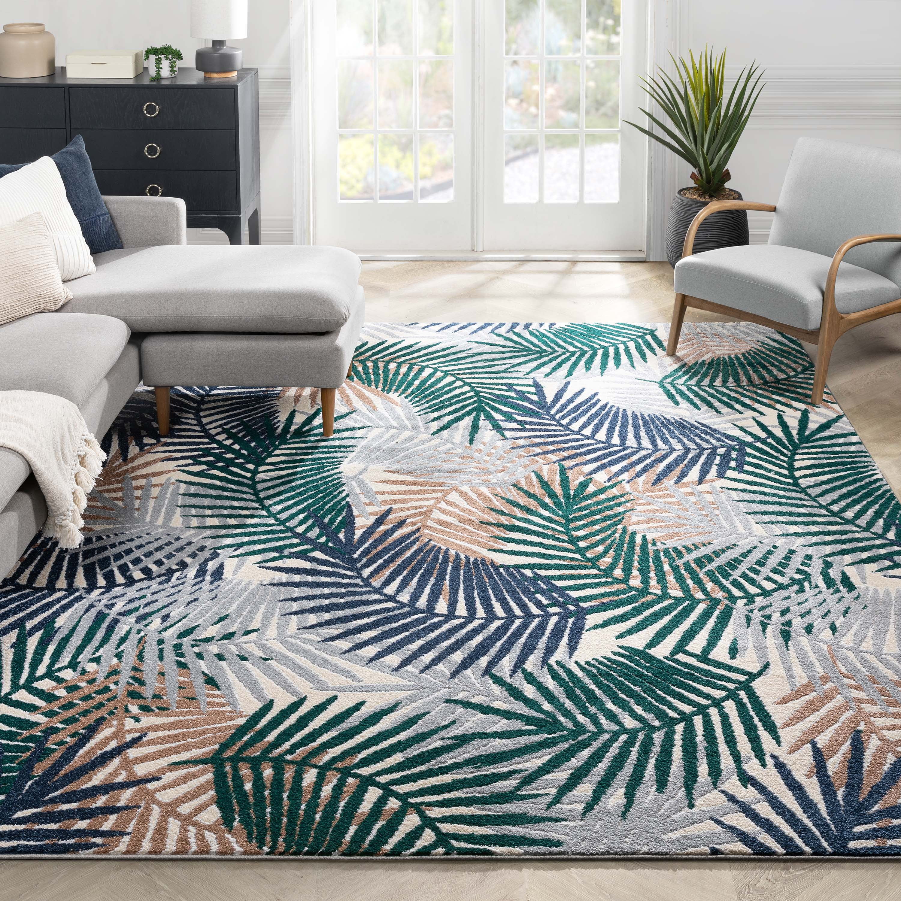 Leona Green and Blue Abstract Leaves Area Rug, 7'10" x 9'10"